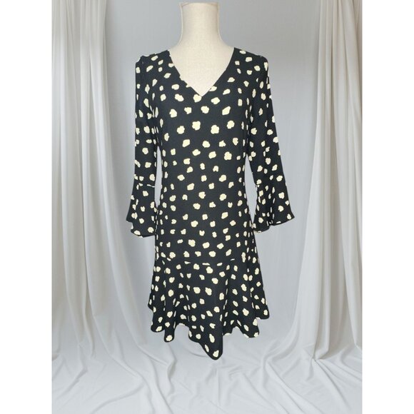 Julie Brown Dress Womens 2 Black Jersey Dottie A-line Flounce Sleeve Ruffle Hem - Picture 1 of 9